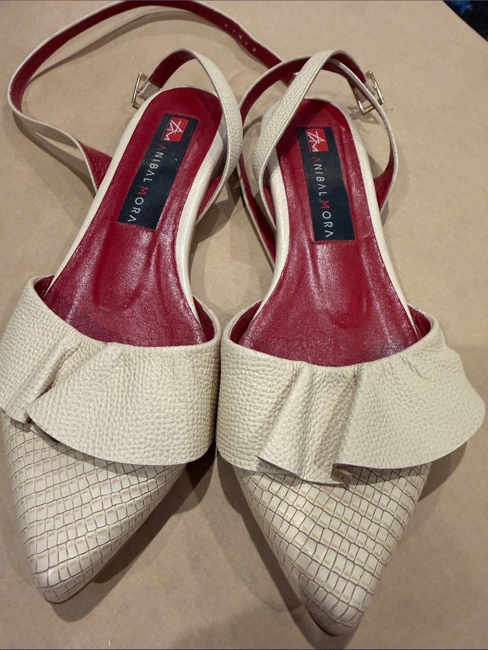 Leather Crocodile Embossed Nude Flats Pointed Toe Cross Sling Back Anibal Mora 6